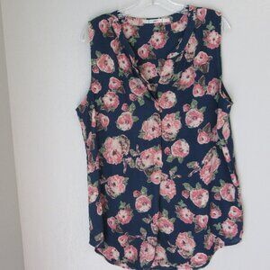 GIBSON Blue Floral Pattern XL Wool Dobby Sleeveless Button Closure Blouse